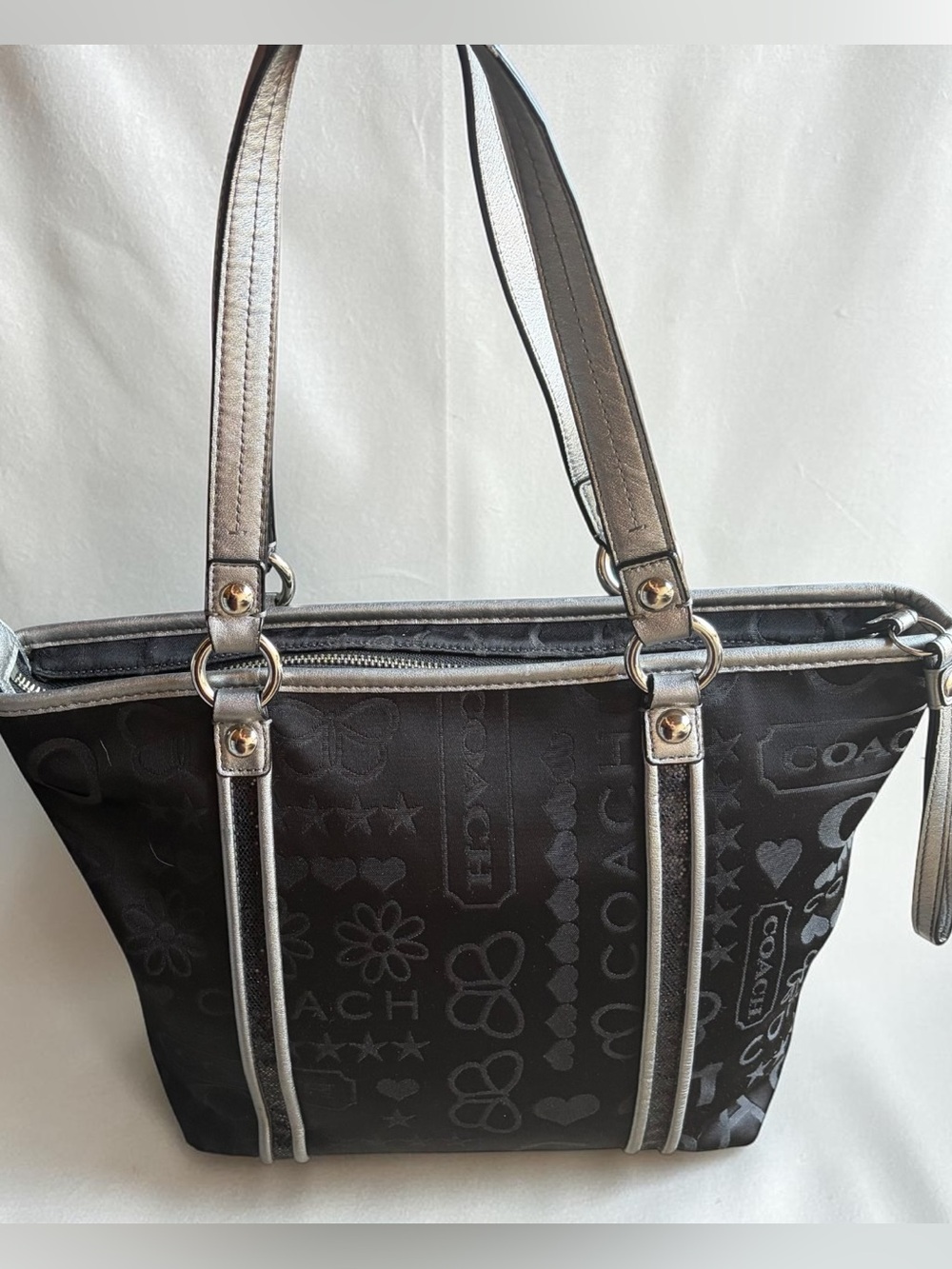 Coach Black Poppy Tote with Silver Accents